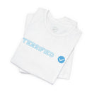 White Printify T-shirt with blue terrified text and checkmark design folded on white background
