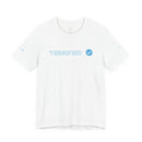 White Printify T-shirt with blue text TERRIFIED and a verified check mark graphic on front