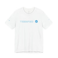 White Printify T-shirt with blue text TERRIFIED and a verified check mark graphic on front