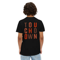 Printify black eco-friendly unisex t-shirt with colorful touchdown text on the back worn by a person