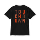 Printify black eco-friendly unisex t-shirt with multicolor touchdown text design on back