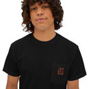 Black eco-friendly unisex t-shirt by Printify with pocket and orange text design