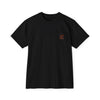 Black Printify eco-friendly unisex t-shirt with small orange text design on chest