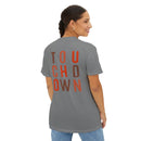 Printify eco-friendly unisex t-shirt in gray with touchdown graphic worn by smiling woman