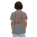 Printify eco-friendly unisex t-shirt in gray with bold touchdown text on the back