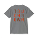 Printify gray eco-friendly unisex t-shirt with multicolor TOUCHDOWN text design on back