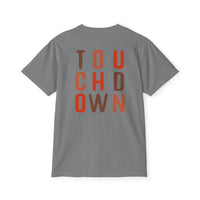 Printify gray eco-friendly unisex t-shirt with multicolor TOUCHDOWN text design on back