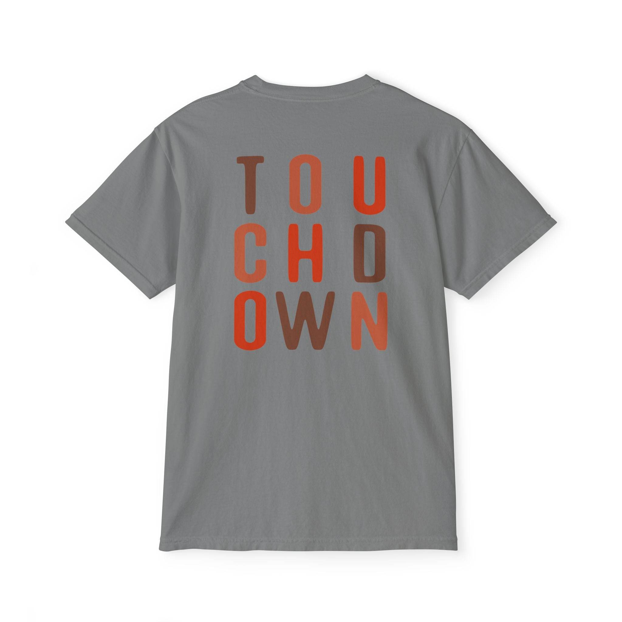 Printify gray eco-friendly unisex t-shirt with multicolor TOUCHDOWN text design on back