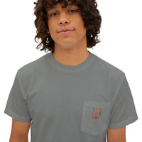 Printify gray eco-friendly unisex t-shirt with front pocket and orange text design worn by male model