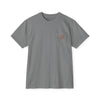 Gray Printify eco-friendly unisex t-shirt with small orange text on chest pocket