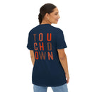 Printify navy blue eco-friendly unisex t-shirt with touchdown graphic worn by smiling woman