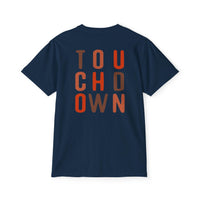 Printify navy blue eco-friendly unisex t-shirt with touchdown text design on the back
