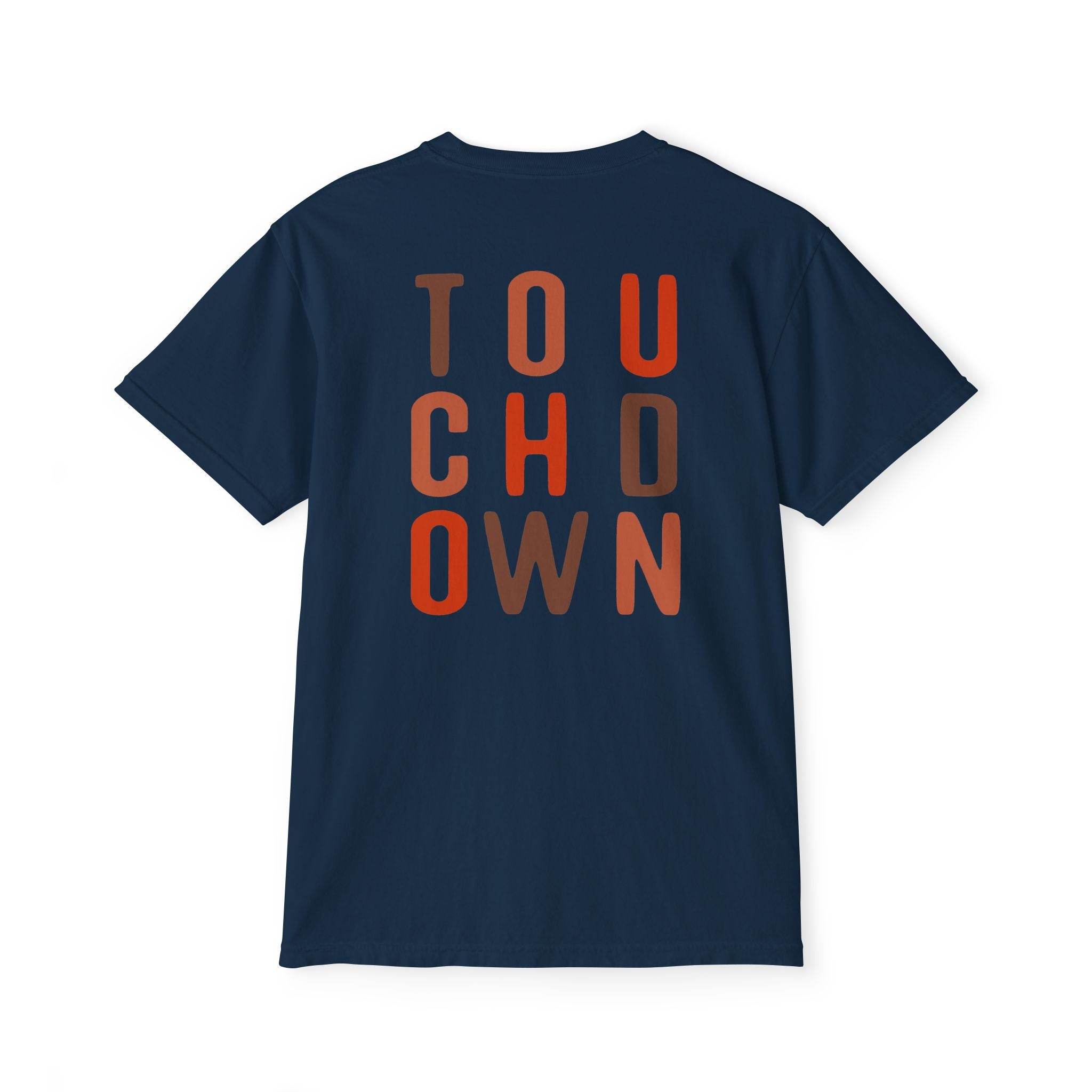 Printify navy blue eco-friendly unisex t-shirt with touchdown text design on the back