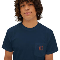 Printify navy blue eco-friendly unisex t-shirt with small orange pocket text worn by a male model
