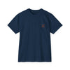 Printify navy blue eco-friendly unisex t-shirt with small chest pocket and text design