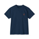 Printify navy blue eco-friendly unisex t-shirt with small chest pocket and text design