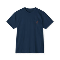Printify navy blue eco-friendly unisex t-shirt with small chest pocket and text design