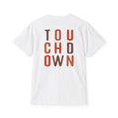 Printify eco-friendly unisex t-shirt in white with colorful touchdown text design on back