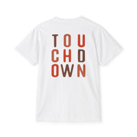 Printify eco-friendly unisex t-shirt in white with colorful touchdown text design on back