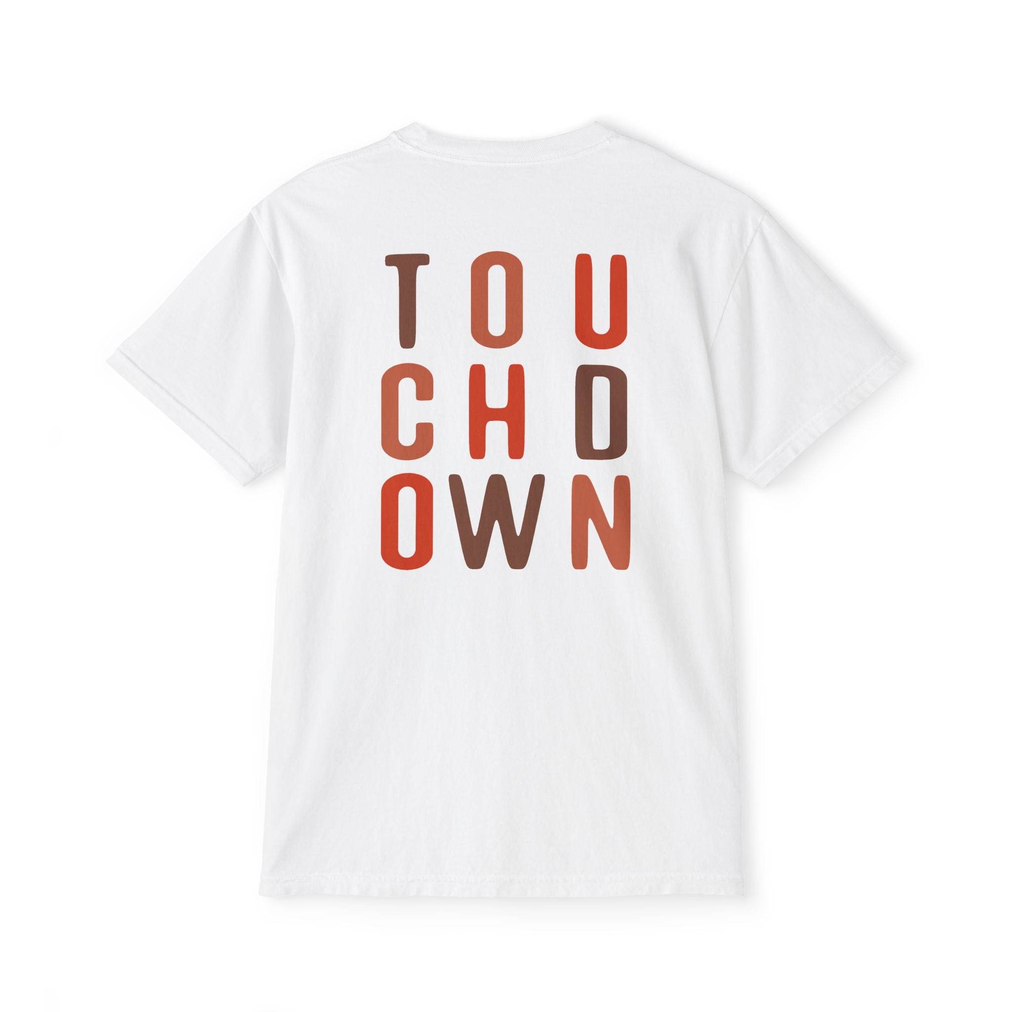 Printify eco-friendly unisex t-shirt in white with colorful touchdown text design on back