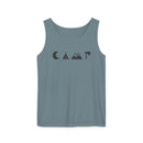 Printify eco-friendly unisex tank top in muted slate teal with minimalist camping icons moon tent mountains and axe