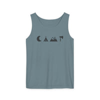 Printify eco-friendly unisex tank top in muted slate teal with minimalist camping icons moon tent mountains and axe