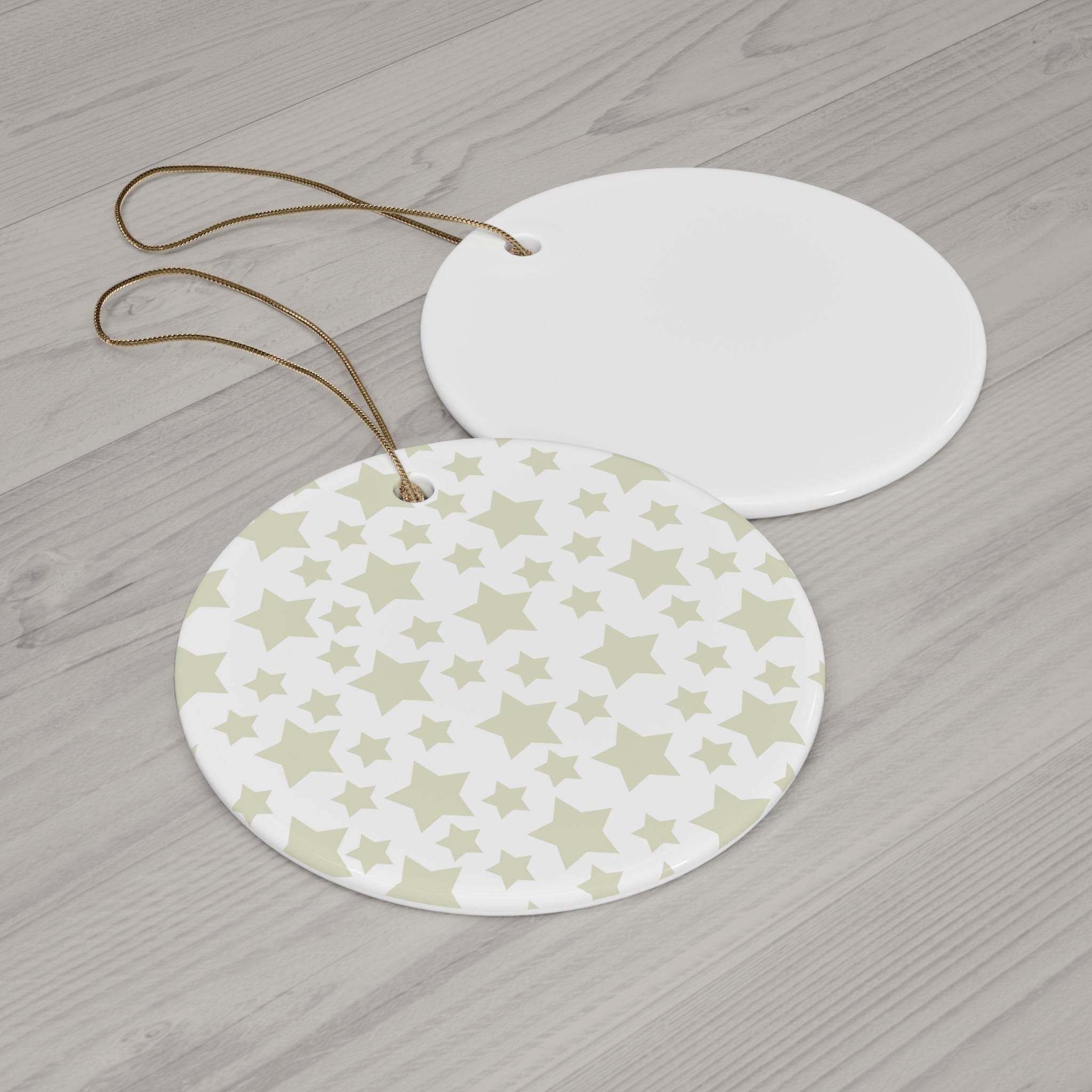 Printify seasonal decorations featuring round ornaments with twinkling stars holiday decoration design
