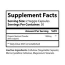 Supplement facts label showing serving size 2 veggie capsules with organic beetroot powder for vegan performance booster