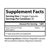Supplement facts label showing serving size 2 veggie capsules with organic beetroot powder for vegan performance booster