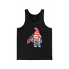 Black tank top with patriotic gnome holding American flag and popcorn eco-friendly 4th of July tank