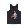 Printify black tank top featuring a gnome with American flag hat holding a flag eco-friendly 4th of July tank