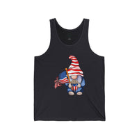 Printify black tank top featuring a gnome with American flag hat holding a flag eco-friendly 4th of July tank