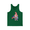 Printify green tank top featuring a gnome with American flag popcorn and flag eco-friendly 4th of July tank