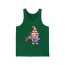 Printify green tank top featuring a gnome with American flag popcorn and flag eco-friendly 4th of July tank