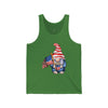 Green Printify tank top featuring a gnome with American flag holding popcorn eco-friendly 4th of July tank