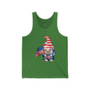 Green Printify tank top featuring a gnome with American flag holding popcorn eco-friendly 4th of July tank