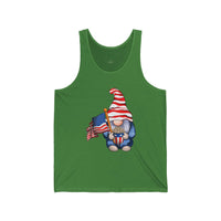 Green Printify tank top featuring a gnome with American flag holding popcorn eco-friendly 4th of July tank
