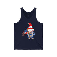 Printify navy tank top featuring patriotic gnome holding American flag eco-friendly 4th of July tank