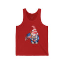 Red tank top featuring a gnome holding an American flag and popcorn eco-friendly 4th of July tank