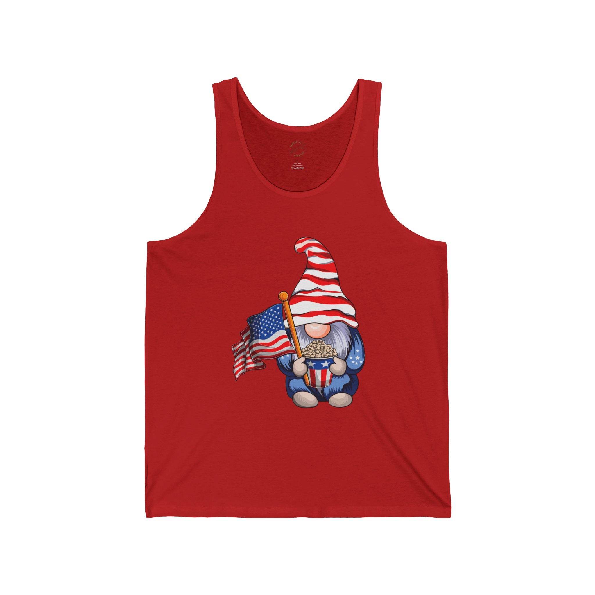 Red tank top featuring a gnome holding an American flag and popcorn eco-friendly 4th of July tank
