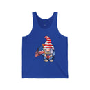 Blue Printify tank top featuring a gnome holding an American flag and popcorn eco-friendly 4th of July tank