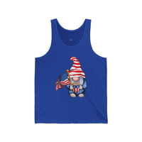 Blue Printify tank top featuring a gnome holding an American flag and popcorn eco-friendly 4th of July tank