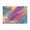 Colorful abstract painting on eco-friendly art posters by Printify hanging with clips