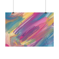 Colorful abstract painting on eco-friendly art posters by Printify hanging with clips