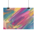 Printify eco-friendly art posters featuring colorful abstract brush strokes in vibrant hues