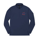 Navy Zip-Up Sweatshirt with Sweet Liberty Design, perfect for eco-friendly athletic wear
