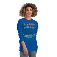 Blue eco-friendly campfire sweatshirt featuring a fun campfire graphic and positive text