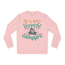 Eco-friendly campfire sweatshirt in pink featuring a campfire graphic and inspirational text
