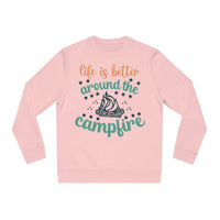 Eco-friendly campfire sweatshirt in pink featuring a campfire graphic and inspirational text