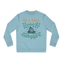 Eco-friendly campfire sweatshirt in light blue with colorful camping-themed graphic design